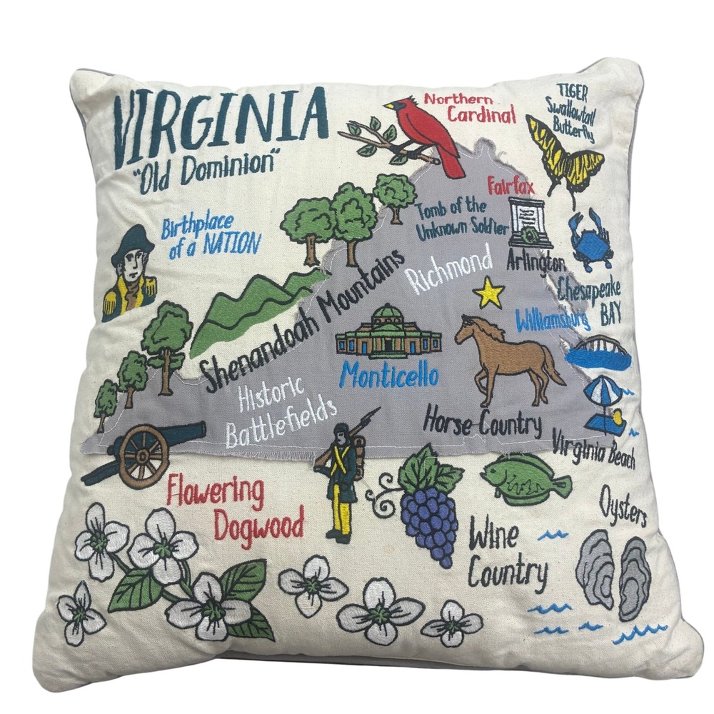 Grey Whale Outfitters Virginia State Embroidered Pillow 18" Old Dominion Map